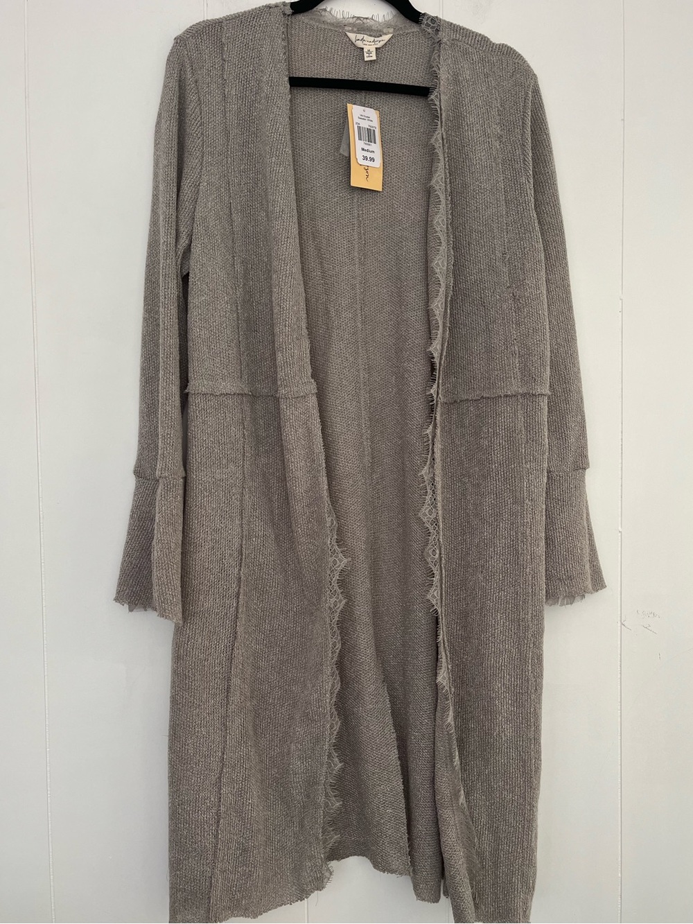 New Linda Anderson Longline Open-Front Duster Sweater Taupe Gray Size Medium